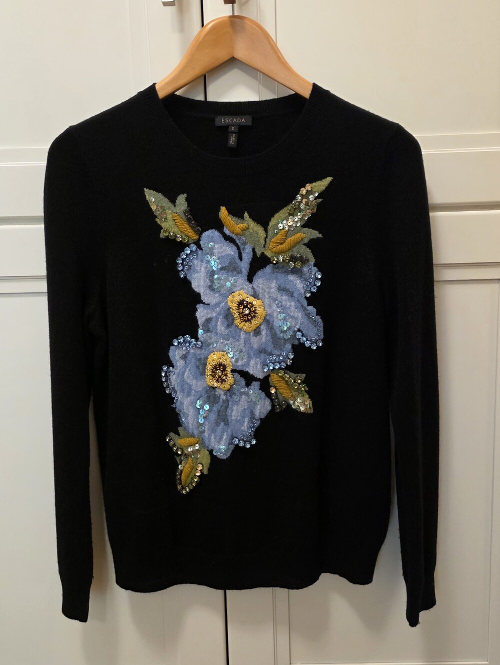💯Authentic Escada Black Knit Sweater | Blue & Yellow Bejeweled Appliqué